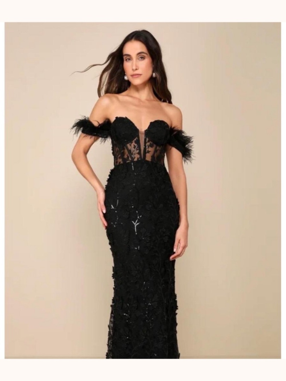 Lulu's Black Strapless Feather-Trim Lace Gown